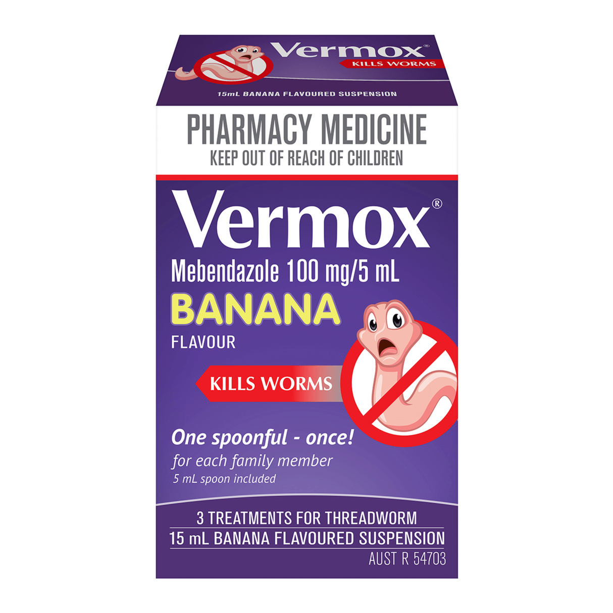 Vermox Kills Worms Banana Flavoured Suspension 100mg/5mL (S2) (EXP: 01/05/2026)