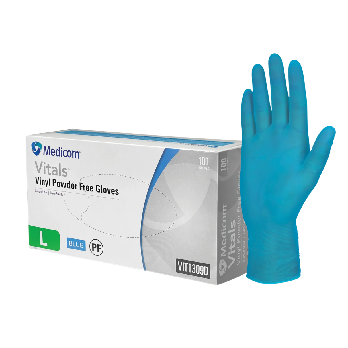 Găng tay không bột màu xanh Medicom Vitals Vinyl Găng tay lớn 100
