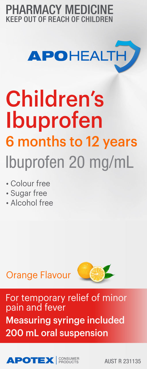 Apohealth Childrens Ibuprofen 20mg/mL 6 tháng-12 tuổi Hương cam 200mL (S2)