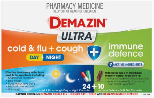 Demazin Ultra Cough Cold & Flu + Immune Defence 34 Capsules (EXP: 01/03/2026)