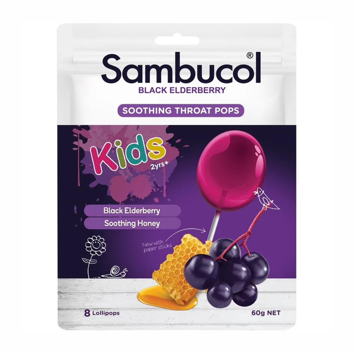 Sambucol Black Elderberry Soothing Throat Pops Kids 2yrs+ 8 Lollipops (EXP: 01/10/2026)