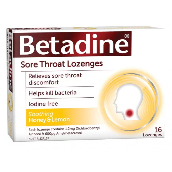 Betadine Sore Throat Lozenges 16 Pack Honey & Lemon