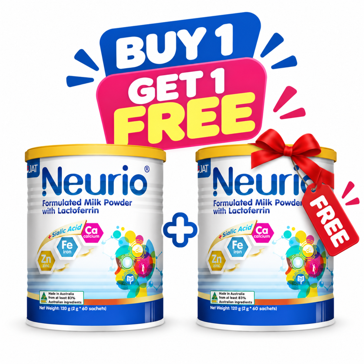 Sữa Bột Công Thức Neurio với Lactoferrin + Axit Sialic 120g - Mua 1 Tặng 1