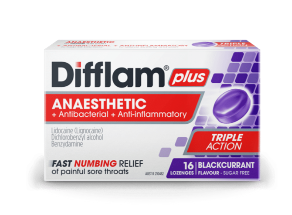 Difflam Plus Sore Throat Lozenges + Anaesthetic Blackcurrant 16 Lozenges