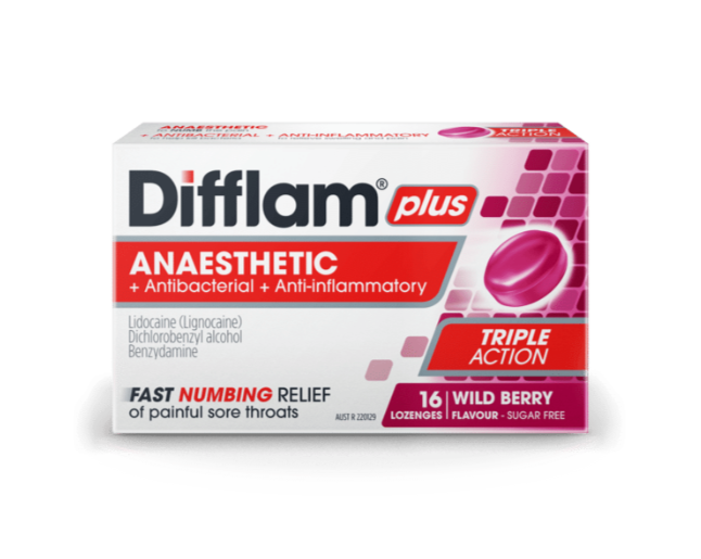 Difflam Plus Anaesthetic Sore Throat Triple Action Lozenges Berry Flavour Value Pack 32 Lozenges