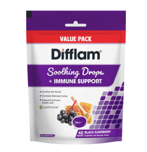 Difflam Soothing Throat Drops + Immune Support Black Elderberry Flavour Value Pack 42 Drops