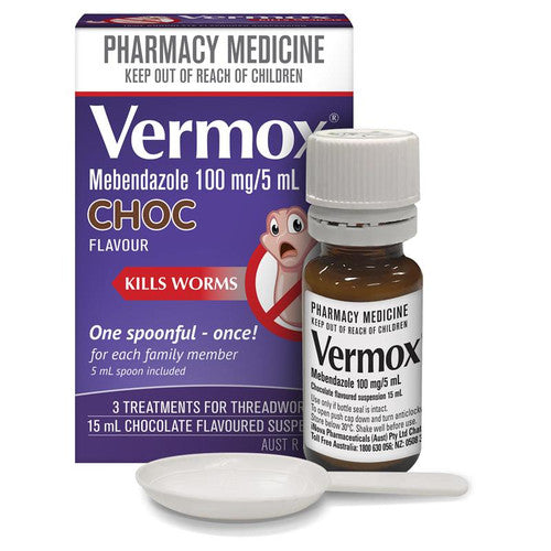 Vermox Kills Worms Chocolate Flavoured Suspension 100mg/5mL (S2) (EXP: 01/03/2026)