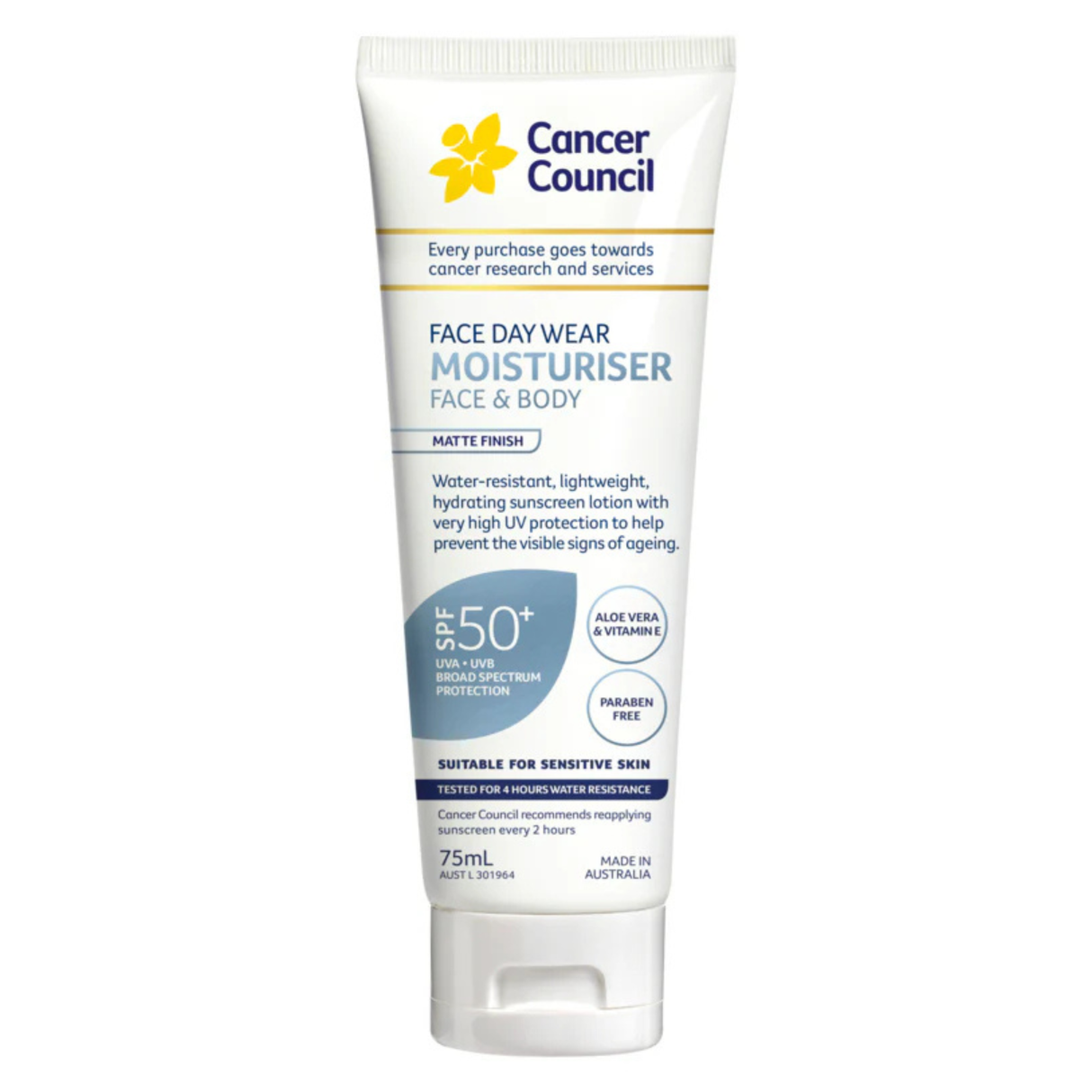 Cancer Council フェイス デイ ウェア モイスチャライザー フェイス アンド ボディ SPF50+ 75mL (EXP: 01/06/2026)
