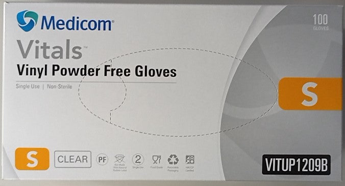Medicom Vitals Vinyl Powder Free Gloves Small 100 Gloves