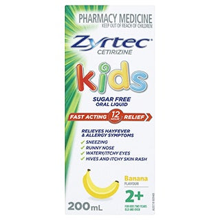 zyrtec cetirizine kids น้ำตาลฟรีกล้วยเหลวในช่องปากรสชาติ 2+ ปี 200ml