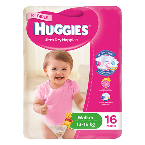 Huggies Ultra Dry For Girls Walker Size 5 13-18kg 16 Nappies