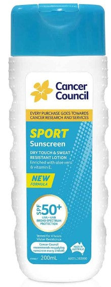 Cancer Council Sport Sunscreen Dry Touch & Sweat Resistant Lotion SPF 50+ 200ml (EXP: 01/05/2026)