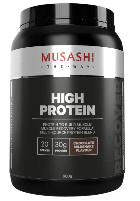 มูซาชิ ไฮโปรตีนผงช็อกโกแลตมิลค์เชค 900กรัม (แพ็คเกจเก่า)