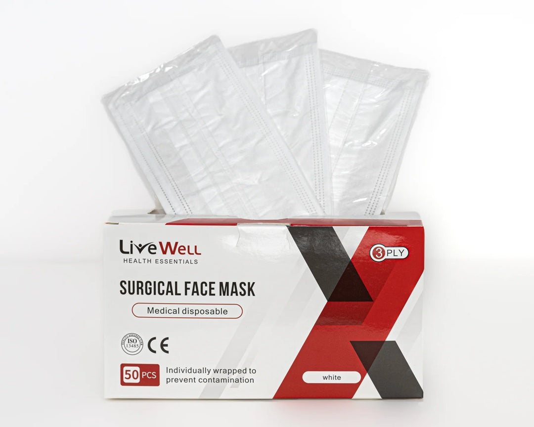 Live Well Health Essentials Surgical Face Masks Level 3 White Live well health essentials surgical face masks level 3 white