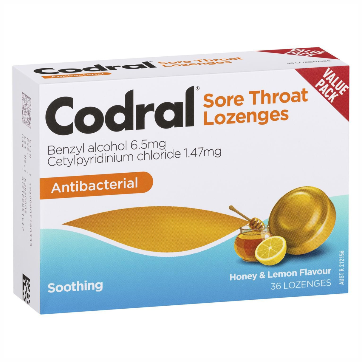 Codral Sore Throat Lozenges Antibacterial Honey & Lemon Flavour 36 Lozenges (EXP: 01/02/2026)