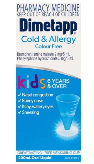 Dimetapp Cold And Allergy Colour Free 6 Years+ 200mL