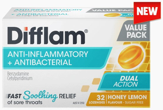Difflam Sore Throat Lozenge Dual Action Honey & Lemon Flavour Value Pack 32 Lozenges (EXP: 01/03/2026)