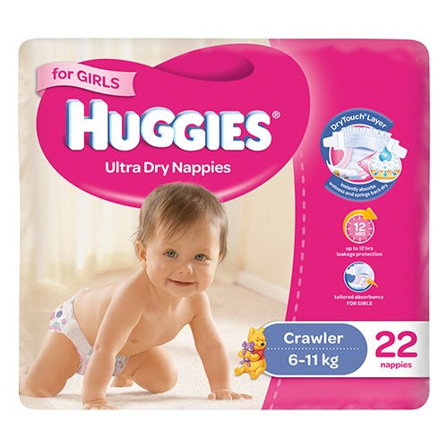 Huggies Ultra Dry For Girls Crawler Size 6-11kg 22 Nappies