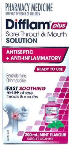 Difflam Plusの喉と口溶液の痛み溶液 +抗炎症性ミントフレーバー200ml